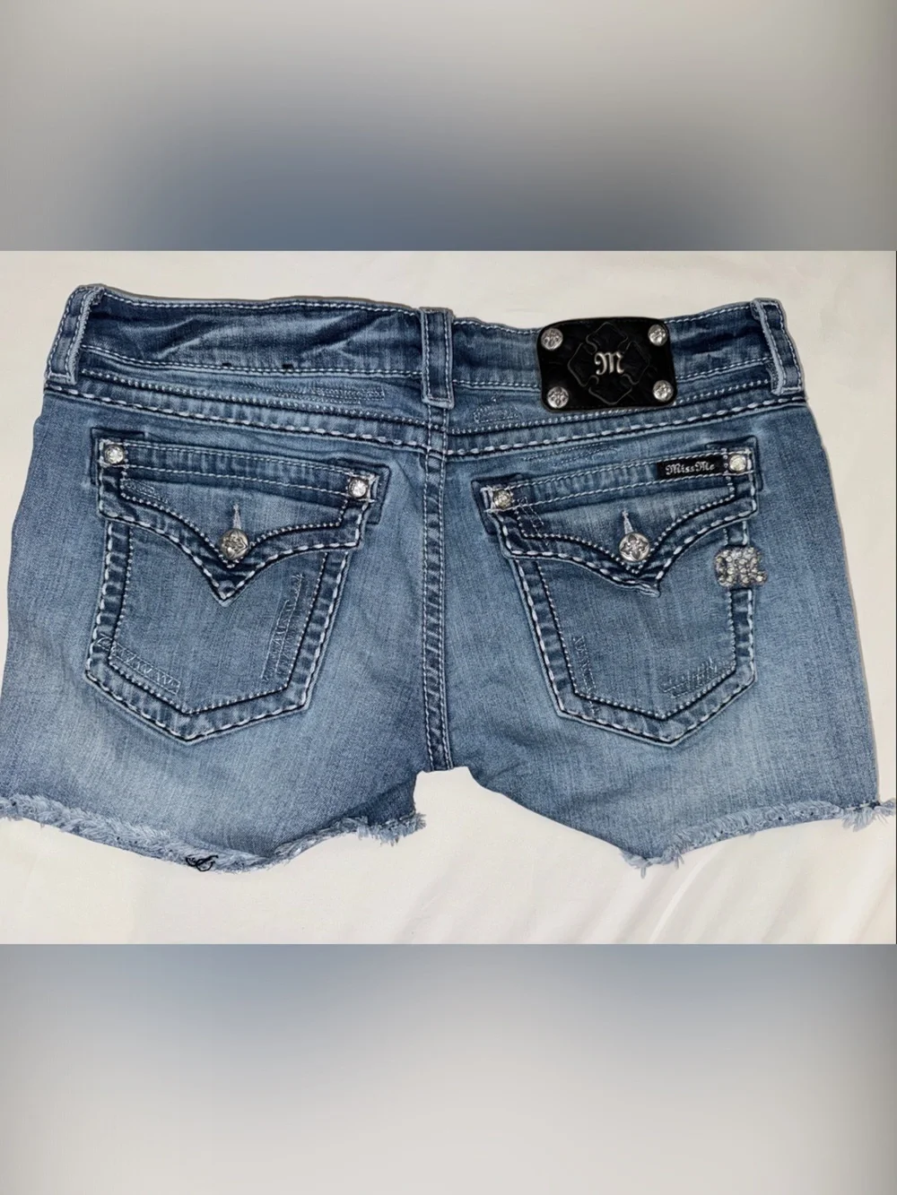 Y2K Miss Me Blue Distressed Frayed Hem Denim Shorts
